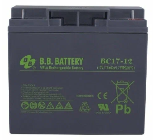 Батарея B.B. Battery серия BC, BC17-12, напряжение 12В, емкость 17Ач (разряд 20 часов), макс. ток разряда (5 сек.) 255А, макс. ток заряда 5.1A, свинцово-кислотная типа AGM, клеммы B1, ДxШxВ 181x76x166мм., вес 5.62кг., срок службы 5-7 лет BB Battery BC17-1