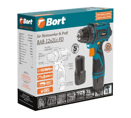 Bort BAB-12X2LI-FD (2X1,5 AH) Дрель-шуруповерт аккумуляторная ударная [93413151] { 12 В, 1.5 Ач, Li-lon, 1 Акк }