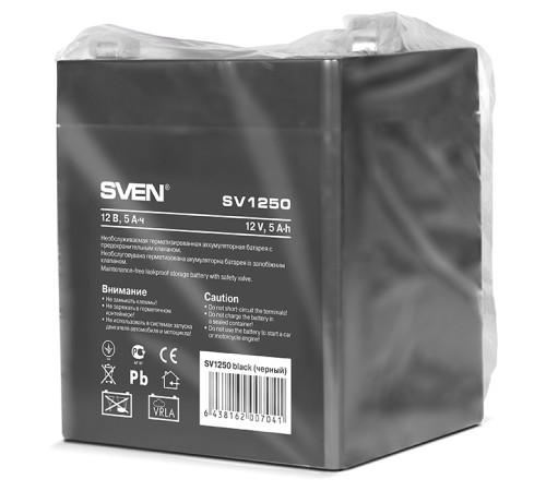 Батарея SVEN SV 1250 (12V 5Ah), напряжение 12В, емкость 5А*ч, макс. ток разряда 80А, макс. ток заряда 1.5А, свинцово-кислотная типа AGM, тип клемм F1 Sven SV-0222005