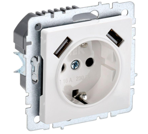 Розетка BRITE РЮш10-1-БрБ 16А с USB A+A 2.1А с заземл. защ. шторки бел. IEK BR-R14-16-U21-D21-K01