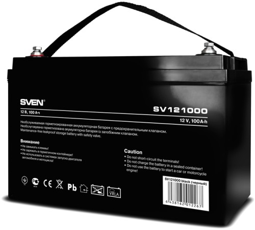 Батарея SVEN SV 121000 (12V 100Ah), напряжение 12В, емкость 100А*ч, макс. ток разряда 1000А, макс. ток заряда 30А, свинцово-кислотная типа AGM, тип клемм B5, Д/Ш/В 307/168/211мм, 30кг Sven SV-012267