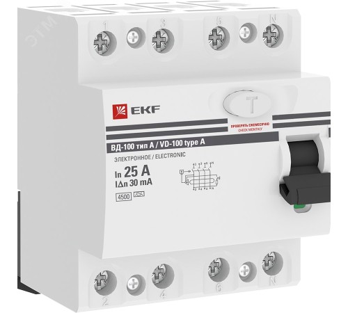 Устройство Защитного Отключения ВД-100 4P 25А/30мА (эл-мех, тип А) EKF PROxima