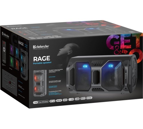 Колонка порт. Defender Rage 50 черный 50W 2.0 BT/3.5Jack 4000mAh (65109)