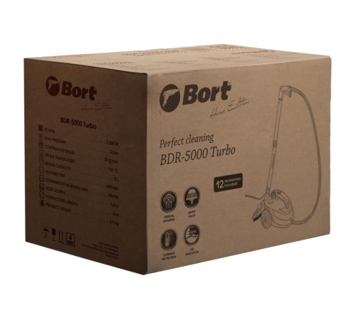 Bort ПАРООЧИСТИТЕЛЬ BDR-5000 TURBO  {Мощность 2200 Вт; Макс давление 5 бар; Постоянная подача пара 50 г/мин; Температура пара 152 °С; Объем бойлера 2 мл.} [93412963]
