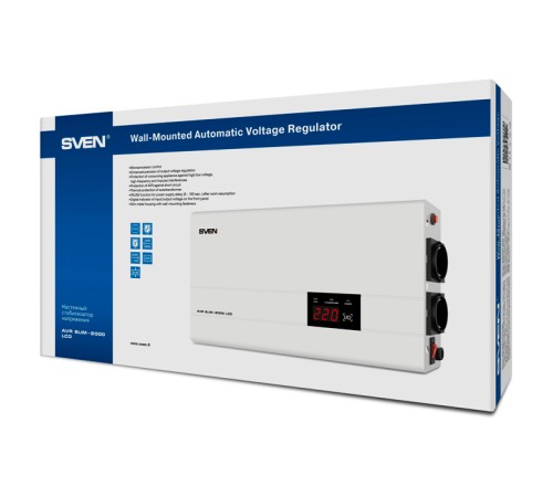 Стабилизатор SVEN AVR SLIM-2000 LCD, релейный, 1200вт, 2000Ва, 140-260в, функция «пауза», 1 евророзетка, 2.9 кг. SVEN AVR SLIM-2000 LCD (SV-013950) Стабилизатор SVEN AVR SLIM-2000 LCD, релейный, 1200вт, 2000Ва, 140-260в, функция «пауза», 1 евророзетка, 2.9 кг. SVEN AVR SLIM-2000 LCD (SV-013950)