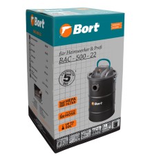 Bort Пылесос электрический BAC-500-22 для сбора золы {Мощность 500 Вт; Уровень шума 80 дБ; Емкость пылесборника 22 л; 4,42 (4,42) кг; 32,5 x 32,5 x 44;  гарантия 2 г} [98291834]