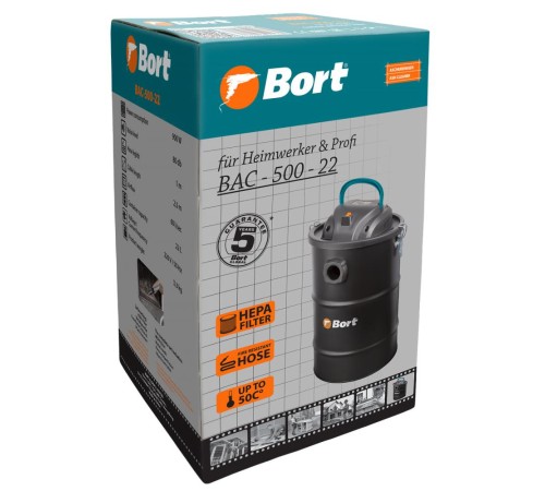 Bort Пылесос электрический BAC-500-22 для сбора золы {Мощность 500 Вт; Уровень шума 80 дБ; Емкость пылесборника 22 л; 4,42 (4,42) кг; 32,5 x 32,5 x 44;  гарантия 2 г} [98291834]