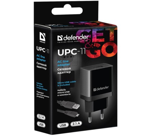 Defender Сетевой адаптер UPC-11 1xUSB,5V/2.1А,кабель micro-USB Defender UPC-11 1xUSB,5V/2.1А,кабель micro-USB (83556)