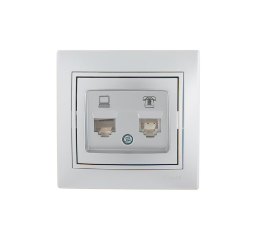 Розетка компьютерная + телефонная 2-м СП Mira RJ45 + RJ11 сер. метал. LEZARD 701-1010-143