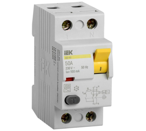 Выключатель дифференциального тока (УЗО) 2п 50А 100мА тип AC ВД1-63 IEK MDV10-2-050-100
