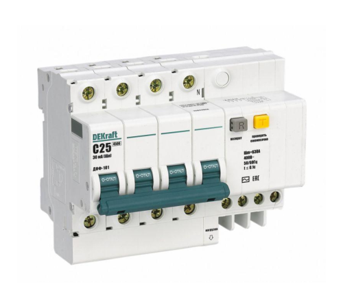 Выключатель автоматический дифференциального тока 4п C 25А 30мА тип AC 4.5кА ДИФ-101 6.5мод DEKraft