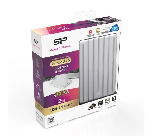 Внешний жесткий диск 2TB Silicon Power Armor A75, 2.5", USB 3.2, Алюминий Внешний жесткий диск 2TB Silicon Power Armor A75, 2.5", USB 3.2, Алюминий