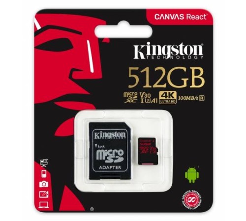 Флеш карта microSD 512GB Kingston MicroSDXC Class10 UHS-I U3 Canvas React (SD адаптер) 100MB/s,80MB/s