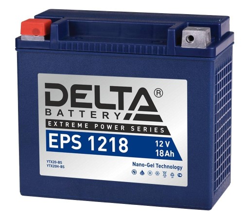 Стартерный мото аккумулятор Delta EPS 1218 12В/18Ач, клемма Болт + гайка Ø 6 мм (176х87х154мм (159мм); 6,5кг; Срок служб