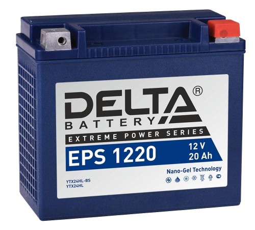 Стартерный мото аккумулятор Delta EPS 1220 12В/20Ач, клемма Болт + гайка Ø 6 мм (205х87х162мм (167мм); 7,74кг; Срок служ