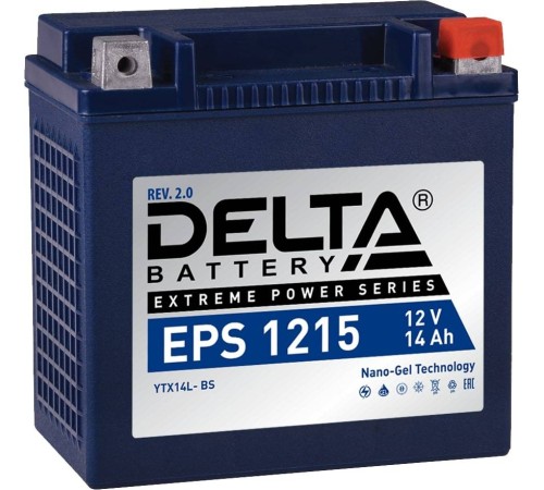 Стартерный мото аккумулятор Delta EPS 1215 12В/15Ач, клемма Болт + гайка Ø 6 мм (149х87х144мм (144мм); 4,6кг; Срок служб