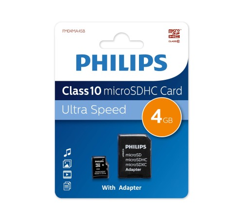 Флеш карта microSD 4GB PHILIPS microSDHC Class 10 (SD адаптер)