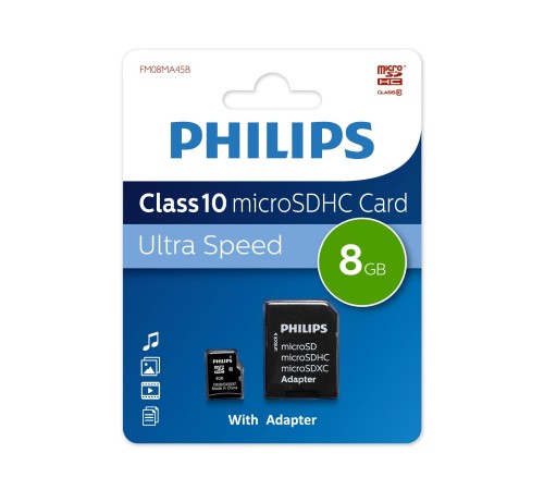 Флеш карта microSD 8GB PHILIPS microSDHC Class 10 (SD адаптер)