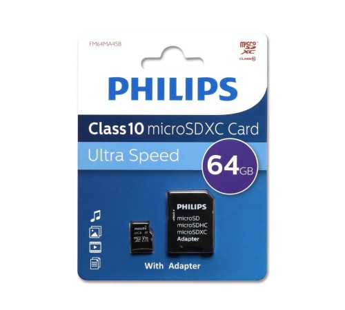 Флеш карта microSD 64GB PHILIPS microSDHC Class 10 (SD адаптер)
