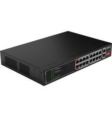 DAHUA DH-SF1018LP 18-портовый неуправляемый коммутатор с РоЕ, 16xRJ45 100Mb PoE, 2xRJ45 1Gb, суммарно 135Вт, коммутация 7.2 Гбит/с, MAC-таблица 8К, металл