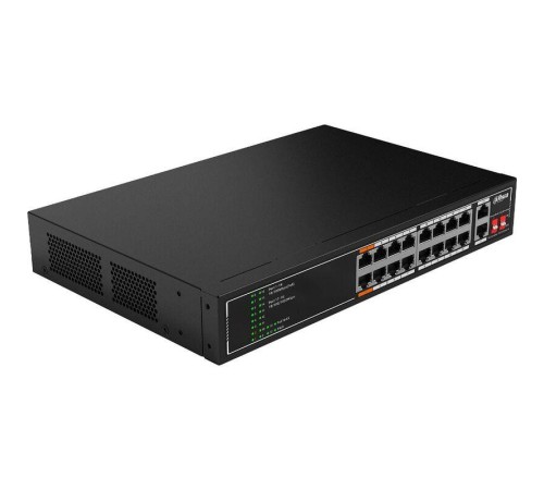 DAHUA DH-SF1018LP 18-портовый неуправляемый коммутатор с РоЕ, 16xRJ45 100Mb PoE, 2xRJ45 1Gb, суммарно 135Вт, коммутация 7.2 Гбит/с, MAC-таблица 8К, металл