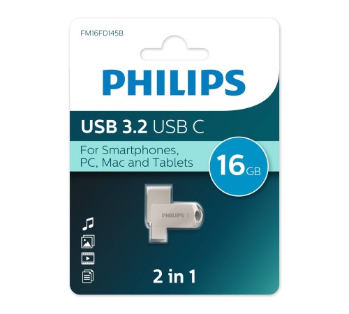 Флеш накопитель 16Gb PHILIPS 2-in-1 USB 3.2 USB C, OTG, USB 3.2/Type-C, Металл, 100 MB/s