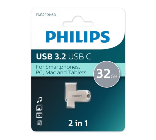 Флеш накопитель 32Gb PHILIPS 2-in-1 USB 3.2 USB C, OTG, USB 3.2/Type-C, Металл, 100 MB/s