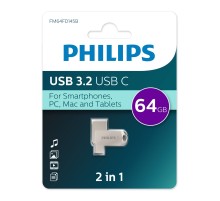Флеш накопитель 64Gb PHILIPS 2-in-1 USB 3.2 USB C, OTG, USB 3.2/Type-C, Металл, 100 MB/s