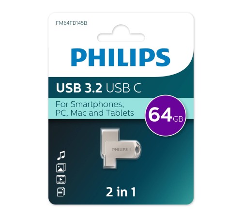 Флеш накопитель 64Gb PHILIPS 2-in-1 USB 3.2 USB C, OTG, USB 3.2/Type-C, Металл, 100 MB/s