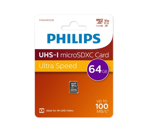 Флеш карта microSD 64GB PHILIPS High Speed  microSDHC Class UHS-I U3, V30, A1, 100MB/s