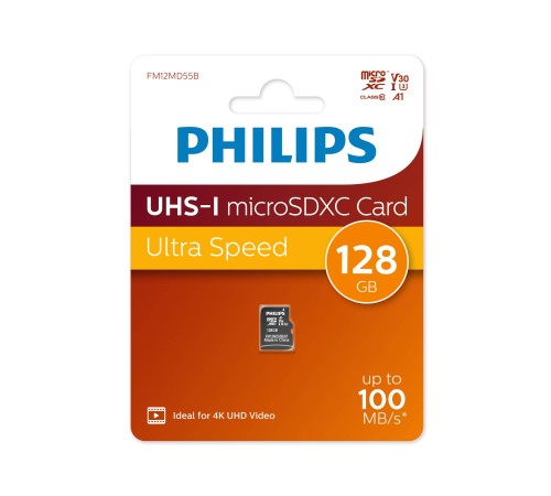 Флеш карта microSD 128GB PHILIPS High Speed  microSDHC Class UHS-I U3, V30, A1, 100MB/s