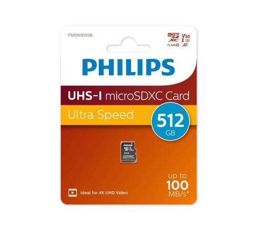 Флеш карта microSD 512GB PHILIPS High Speed  microSDHC Class UHS-I U3, V30, A1, 100MB/s