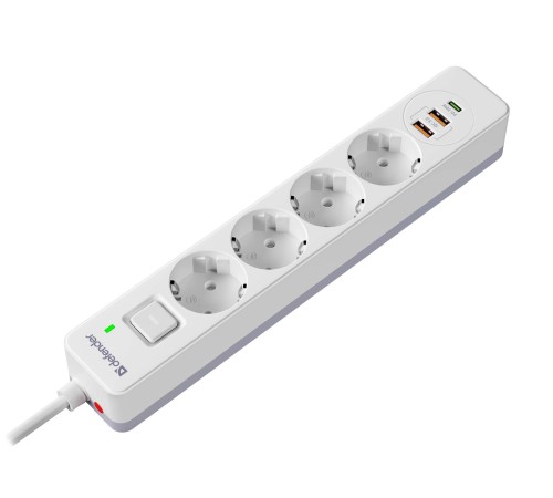Defender Удлинитель с сетевым фильтром DFS 145, белый, 4розетки, USB+TypeC, 5 м.
