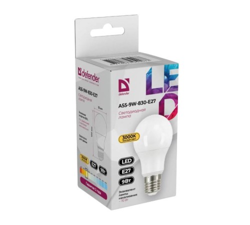 Defender Лампочка светодиодная A55-9W-830-E27 груша, 3000 К, теплый белый, 1 шт.