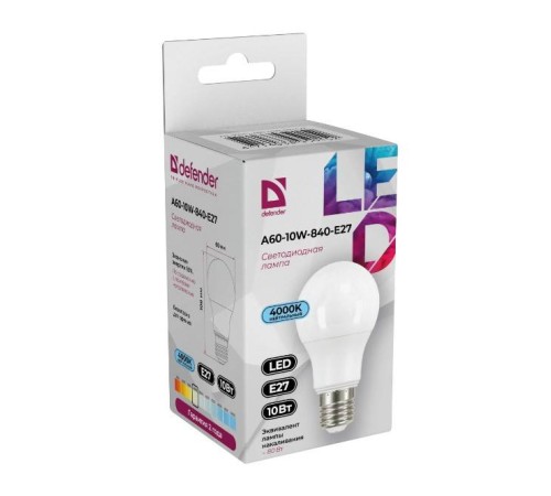 Defender Лампочка светодиодная A60-10W-840-E27 груша, 4000 К, нейтральный белый, 1 шт
