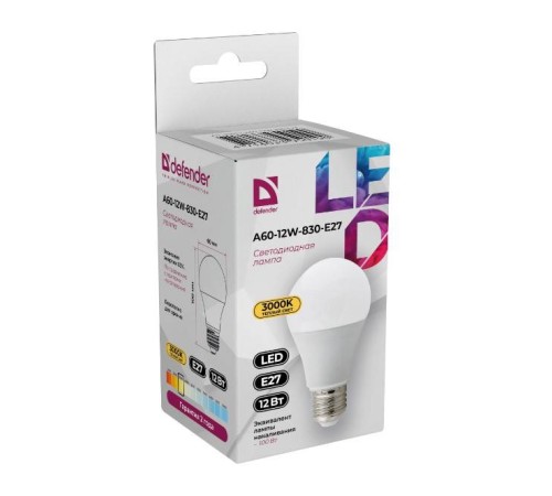 Defender Лампочка светодиодная A60-12W-830-E27 груша, 3000 К, теплый белый, 1 шт.