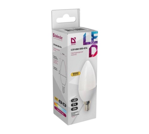 Defender Лампочка светодиодная C37-8W-830-E14 свеча, 3000 К, теплый белый, 1 шт.