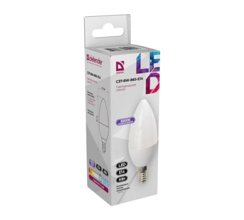Defender Лампочка светодиодная C37-8W-865-E14 свеча, 6500 К, холодный дневной, 1 шт.