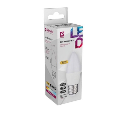 Defender Лампочка светодиодная C37-8W-830-E27 свеча, 3000 К, теплый белый, 1 шт.