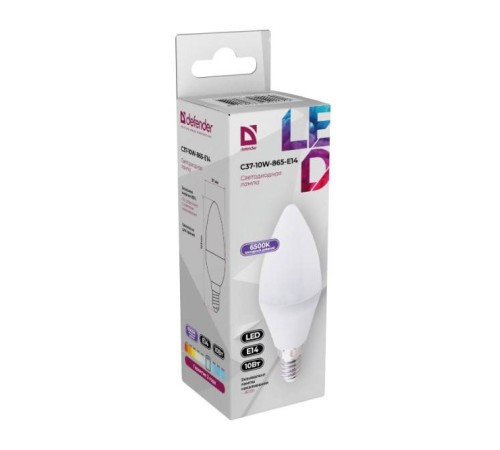 Defender Лампочка светодиодная C37-10W-865-E14 свеча, 6500 К, холодный дневной, 1 шт.