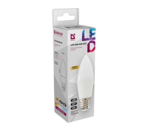 Defender Лампочка светодиодная C37-12W-830-E27 свеча, 3000 К, теплый белый, 1 шт.