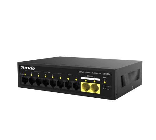 Tenda S110GPC Коммутатор неуправляемый PoE, 10 портов, 8x100 Мбит/с, 2х1 Гбит/с, PoE 8х30 Вт (до 80 Вт), настольный