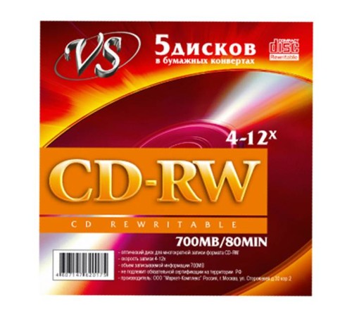 Диск CD-RW VS 700 Mb, 12x, Конверт (5), (5/250).
