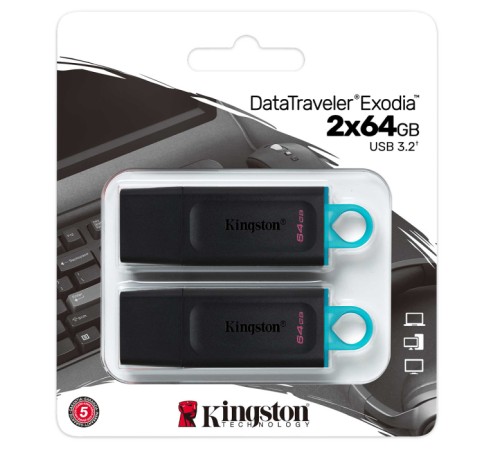 Kingston USB Drive 64GB DataTraveler Exodia USB 3.2 gen.1, черный+бирюзовый Комплект из двух флеш накопителей Kingston USB Drive 64GB DataTraveler Exodia USB 3.2 gen.1, черный+бирюзовый Комплект из двух флеш накопителей