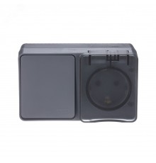Systeme electric ATN544070 AtlasDesign Profi54 БЛОК: розетка с заземлением со шторками 16А 250B, выключатель одноклавишный IP54 10А, АНТРАЦИТ, Россия
