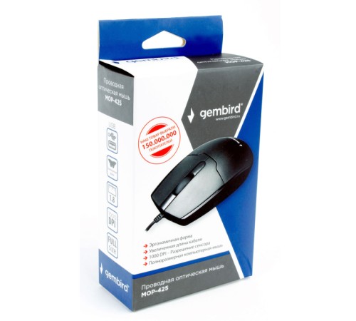 Мышь Gembird MOP-425, USB, черный, 2кн.+колесо-кнопка, 1000 DPI, кабель 1.8м