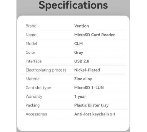 Картридер Vention OTG USB 2.0 CM / MicroSD - Серый Vention CLMH0 Картридер Vention OTG USB 2.0 CM / MicroSD - Серый Vention CLMH0
