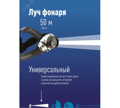 Фонарь налобный , 14 LED, 3 батарейки ААА, 130Lm,