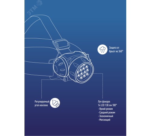 Фонарь налобный , 14 LED, 3 батарейки ААА, 130Lm,