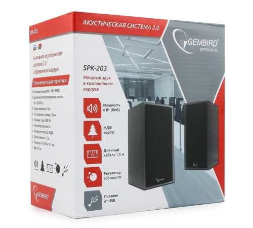 Акустич. система 2.0 Gembird SPK-203 {МДФ, черный ,2х3 Вт,USB-питание}